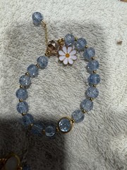Blue Crystal Beaded Charm Bracelet w/ Flower Dangle Charm, Lobster Clasp