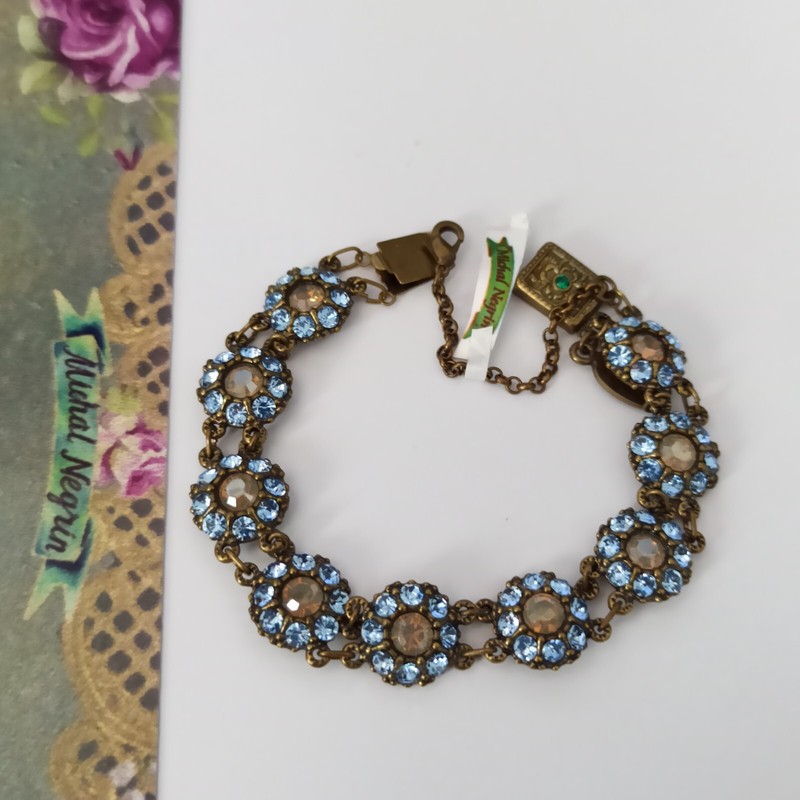 Michal Negrin Bracelet Dainty Flowers Light Lace Blue Crystals Delicate Art Deco gallery