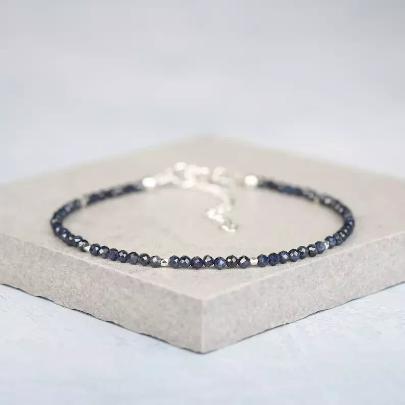925 Sterling Silver Sapphire Beads Delicate Minimalist Healing Women's Bracelet gallery