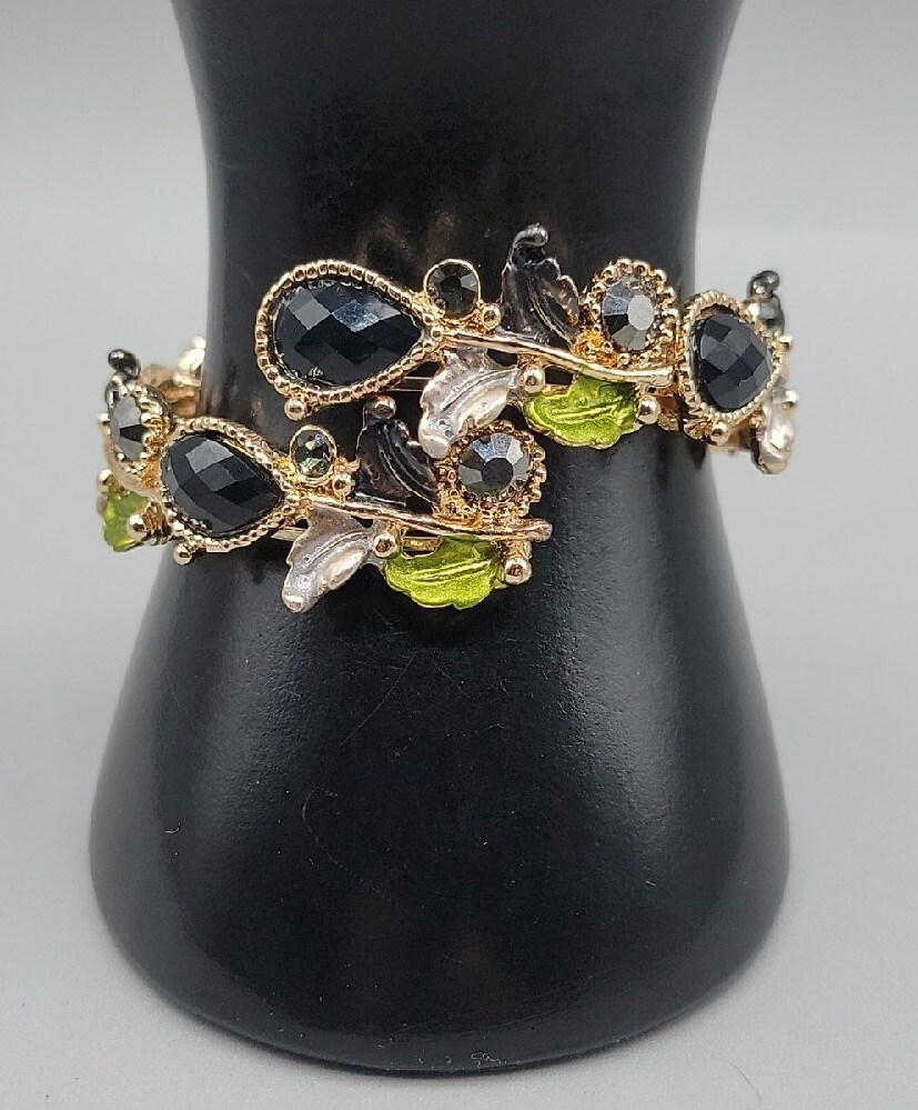 Bypass Wrap Bracelet Black Glass Flowers Aurora Borealis Gold Tone Green White