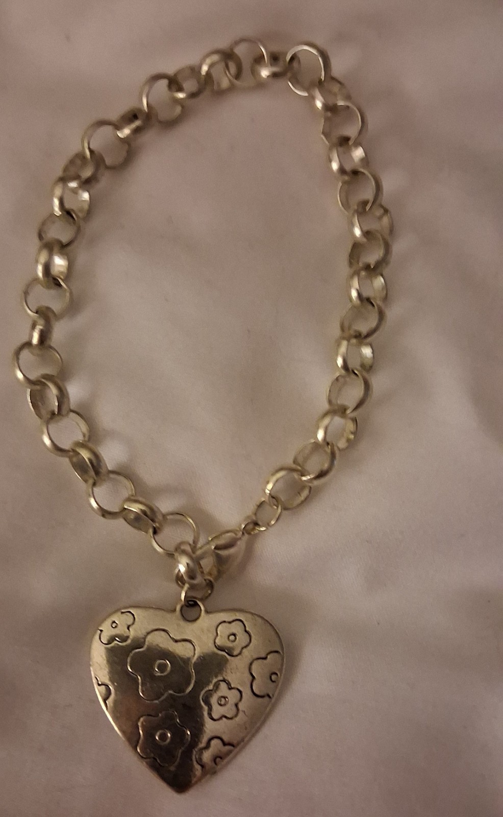 Silver Tone Cable Chain Charm Bracelet Heart Dangle Engraved Love Lobster gallery