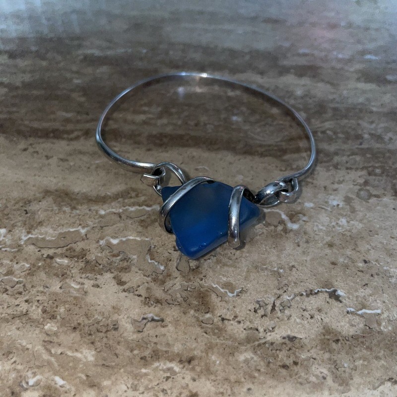 Sterling Silver Bangle Bracelet Hook and Eye Clasp Blue Sea Glass Artist Made gallery