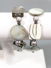 Set of 2 Gray Dichroic Glass Square Round Shell Stretch Bracelets Boho Coastal