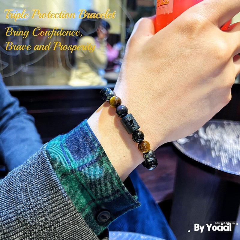 Rainbow Friendship Bracelets - 10mm Tiger Eye & Black Obsidian Healing Jewelry, gallery