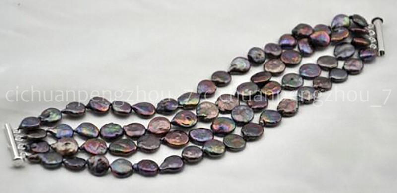 4 Rows 11-12mm Black Natural Freshwater Coin Pearl Bracelet 7.5'' gallery