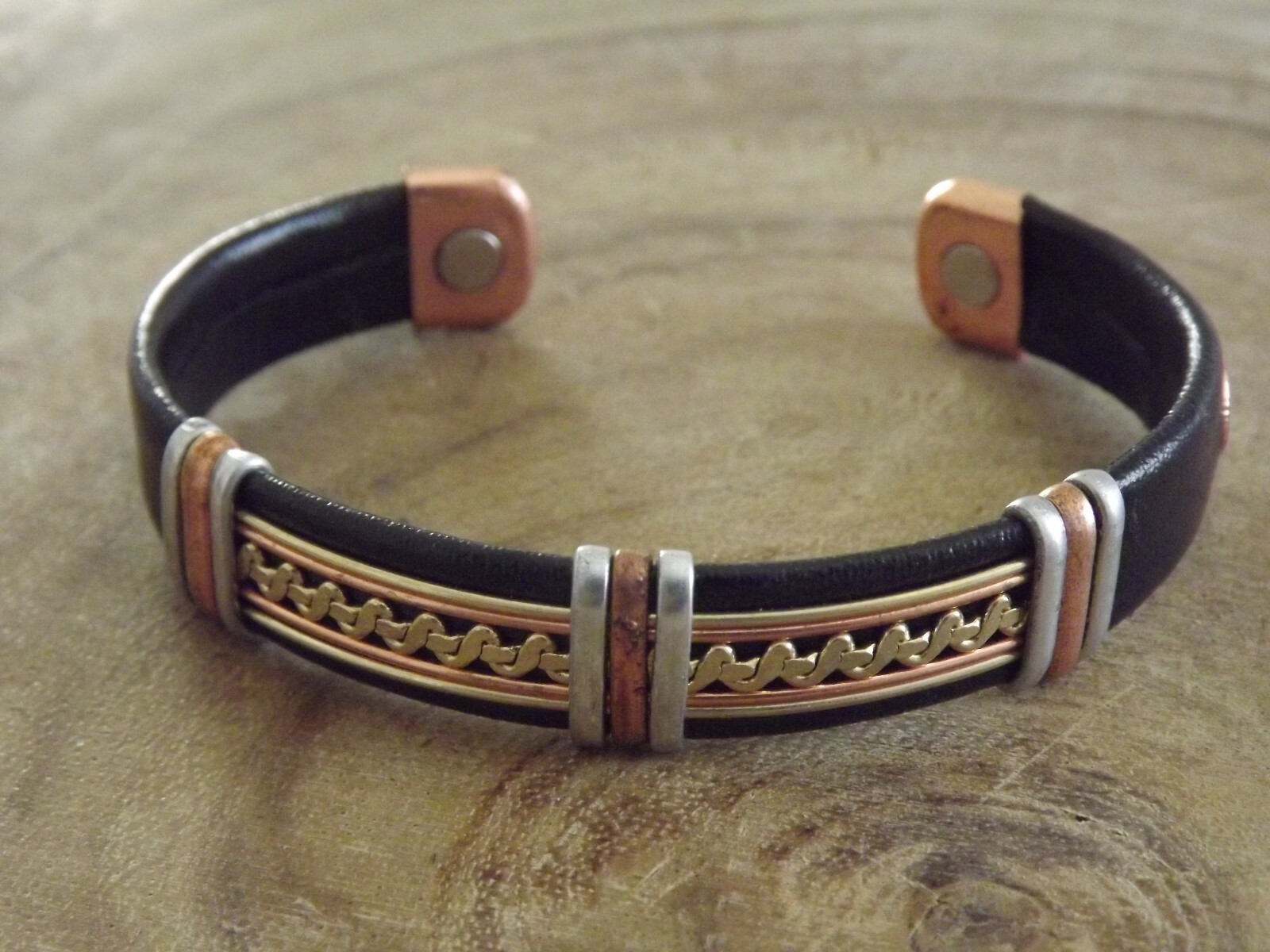 Solid Copper Leather Wrapped Magnetic Bracelet Men Women Energy Pain Zig Zag gallery