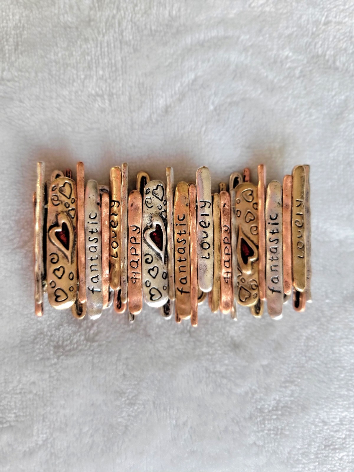 Boho Mixed Metal Affirmation Stretch Bracelet - Happy Lovely Fantastic Hearts gallery