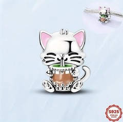 925 STERLING SILVER ASIAN CAT DRINKING BOBA TEA BEAD CHARM G120
