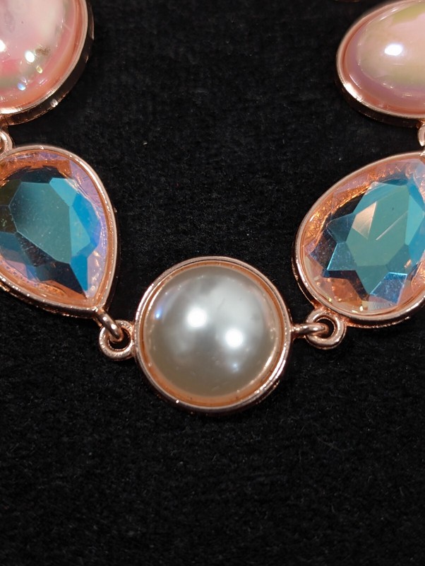Rose Gold Tone Pink Iridescent AB Crystal Faux Pearl Bezel Tennis Bracelet 9 in gallery