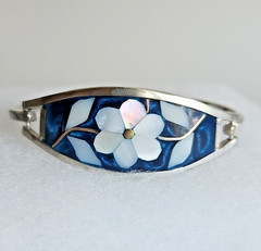 Silver Tone Inlay Bracelet Abalone Shell Flower Teal Enamel 6.5″