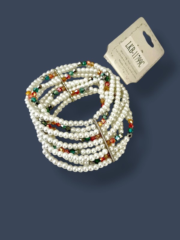 9 Rolls White Faux Pearls Colorful Crystals Casual Chic Stretchable Bracelet gallery