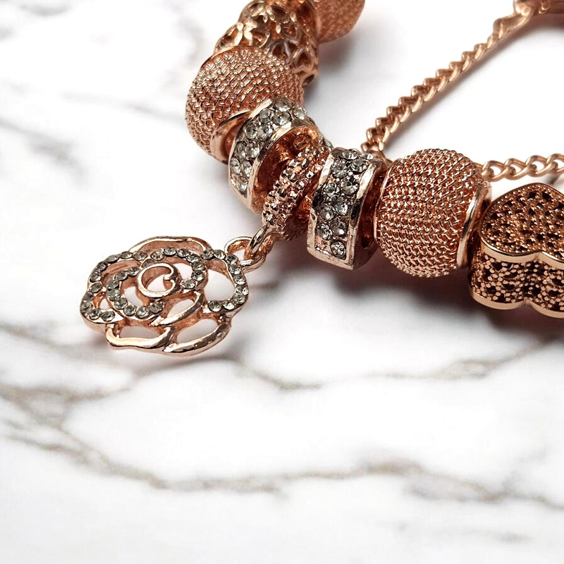 NEW Rose Gold Roses And Love Hearts European Charm Bracelet Jewelry Gift gallery