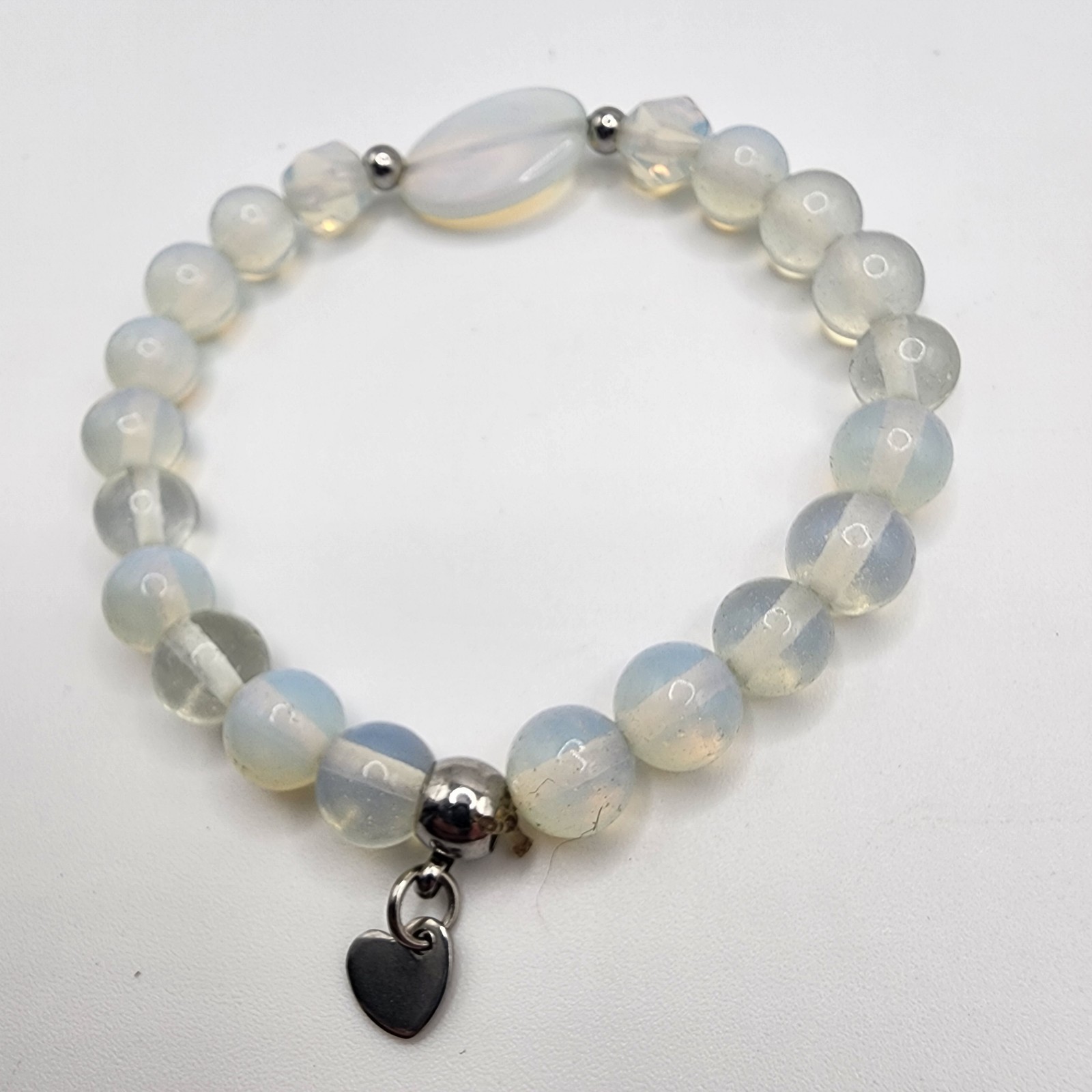 Clear White Stones Beads Stretch Bracelet Heart Charm Pendant Gift For Her Him gallery