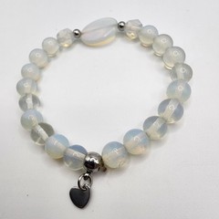 Clear White Stones Beads Stretch Bracelet Heart Charm Pendant Gift For Her Him