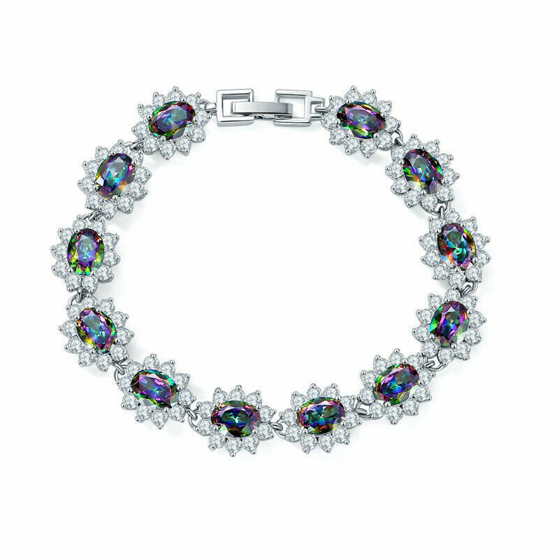 Elegant Flower Shape Rainbow Fire Mystic Topaz Gemstone Silver Women Bracelets gallery
