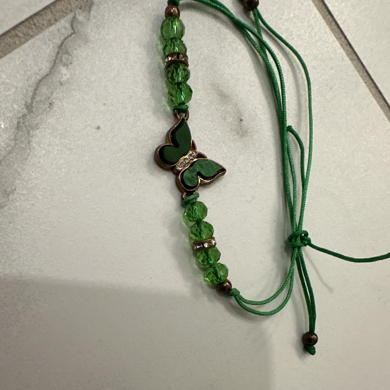 Green Cord & Beaded Adjustable Bracelet with Butterfly Dangle Charm gallery