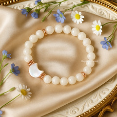 AAA+ Moon Phase Charm 8mm White Moonstone & Mother of Pearl Bracelet Jewelry