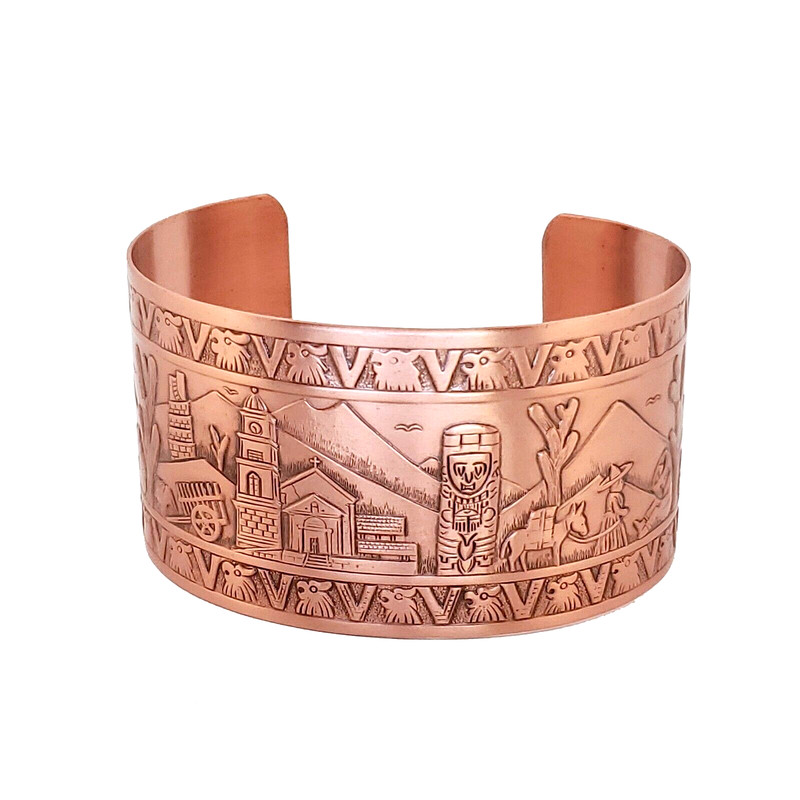 Solid Copper Adjustable Cuff Bracelet with Embossed Mexican Motif Antique Finish gallery