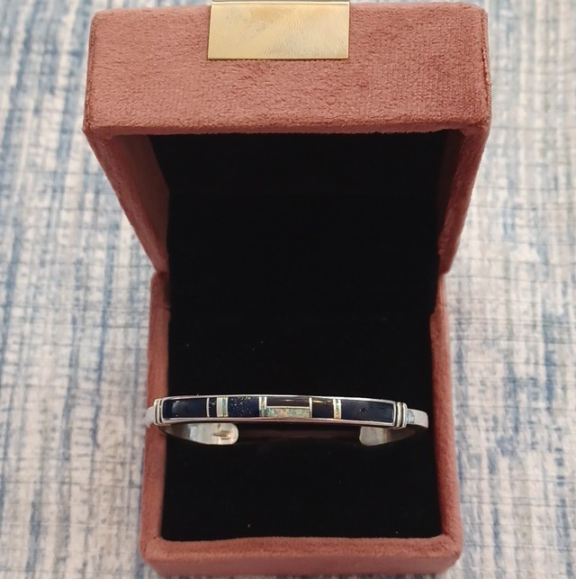 Handmade Navajo 925 Sterling Silver Cuff Bracelet Lapis Lazuli, White Opal Inlay