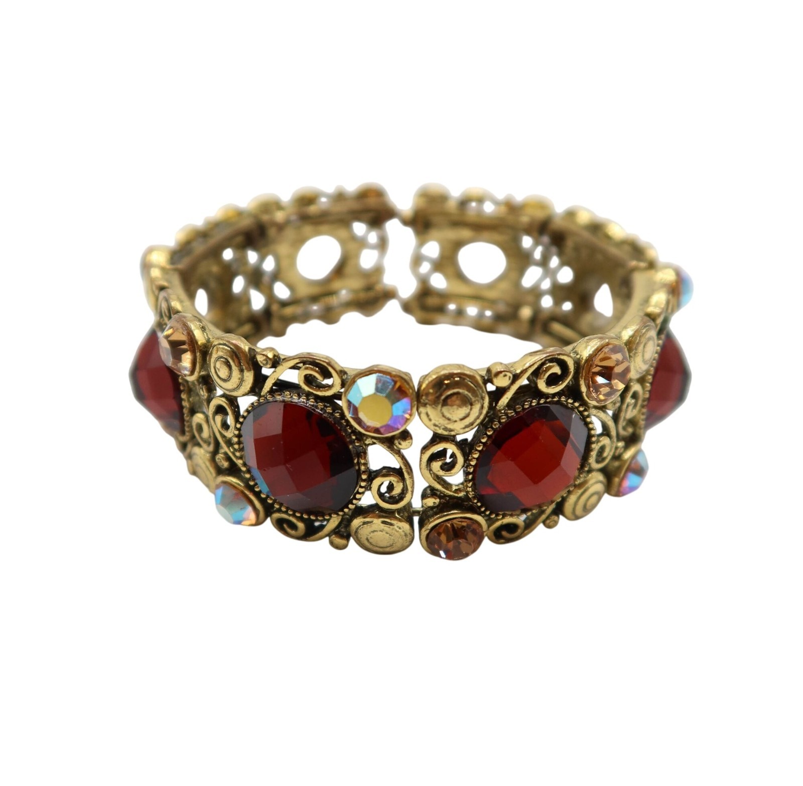Gold Tone Bracelet With Red Faceted & Aurora Borealis Rhinestones gallery