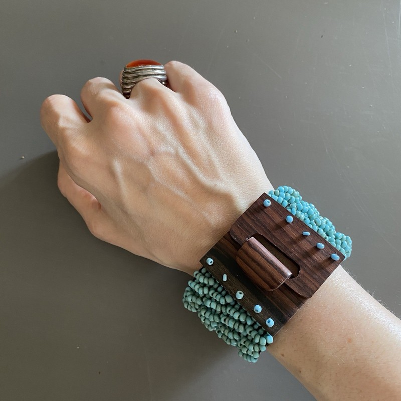 Turquoise Blue Glass Seed Bead Wood Stretch Bracelet Boho 4.5 cm Wide 21 cm Long gallery