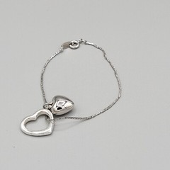 Silver Tone Heart Charm Bracelet 6 3/4 In Chain With Double Heart Pendant