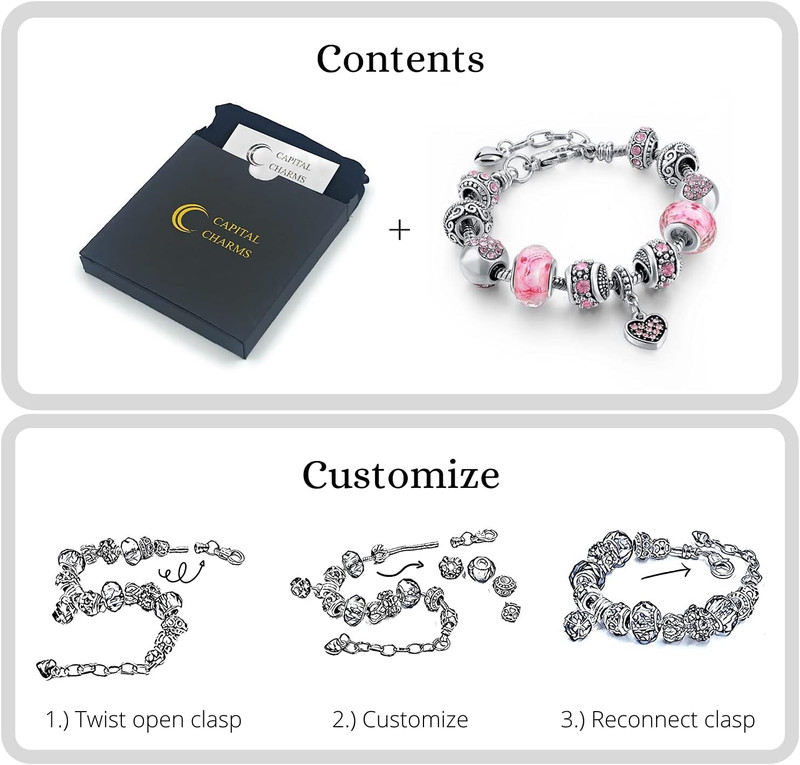 Capital Charms Pink Hearts Silver Plated Charm Bracelet Set, Jewelry Gifts with gallery