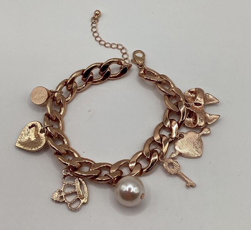 Rose Gold Tone Curb Chain Charm Bracelet W/ Faux Pearl,crystal Heart and Bow gallery