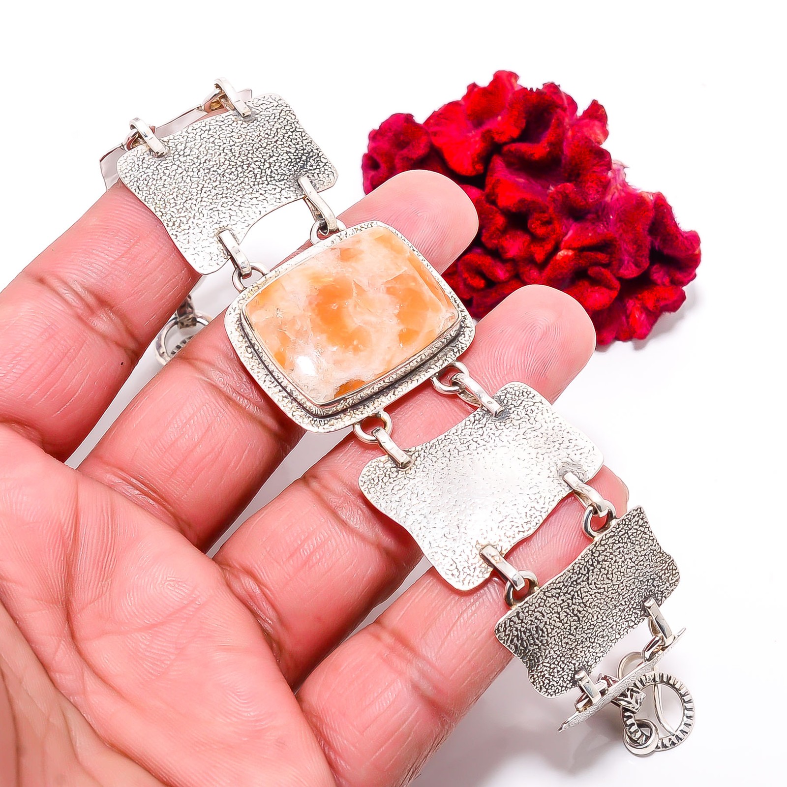 Orange Calcite- Peru 925 Sterling Textured Silver Bracelet 8.99" B84347 gallery