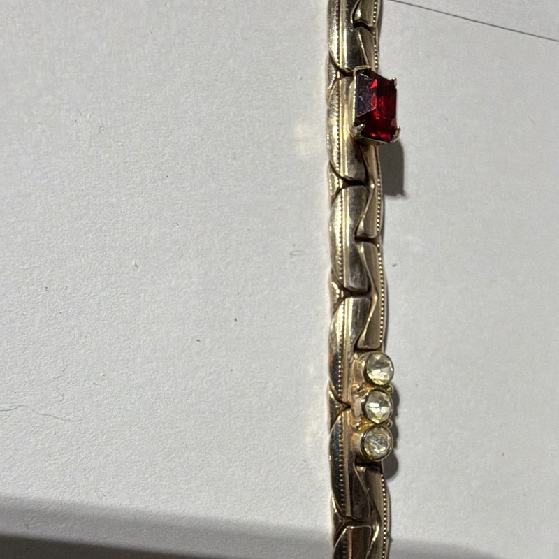 Gold Tone Chain Link Bracelet Red Stone Box Clasp, Stackable gallery