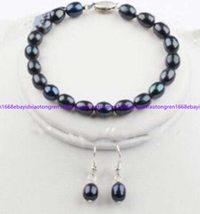 7-8/8-9/9-10mm Natural Black Rice Freshwater Pearl Bracelet Earring Set