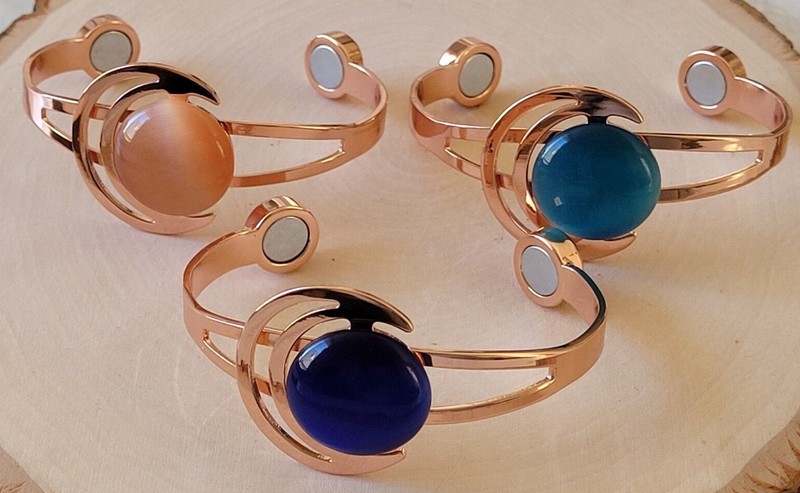 Solid Copper Magnetic Bracelet Copper Arthritis Therapy Cuff Cat Eye Sun & Moon gallery