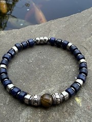Blue & Silver-Tone Beaded Stretch Bracelet with Brown Stone Bead Stackable