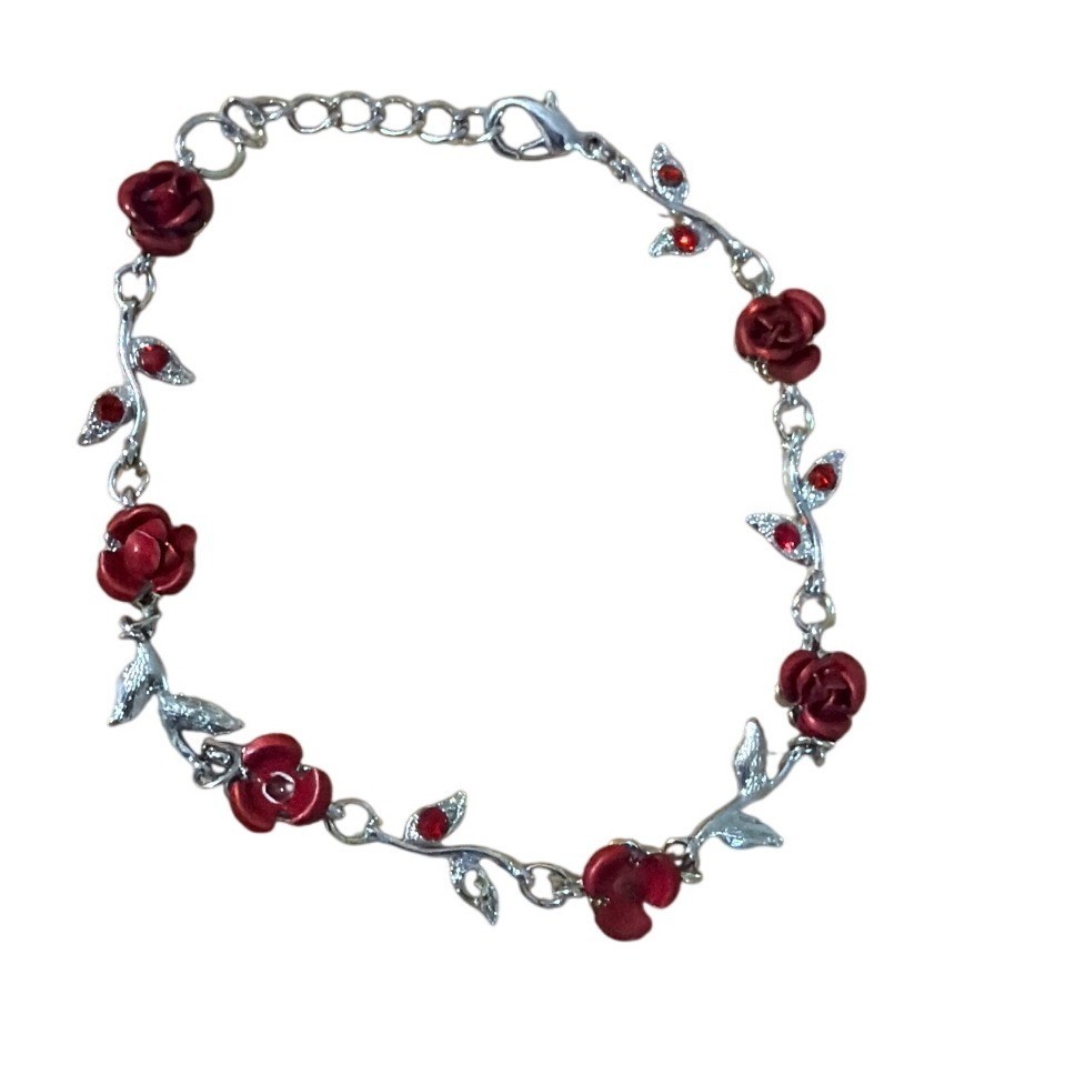 Red Rose Silver Tone Vine Link Bracelet Rhinestone Accents Romantic Goth