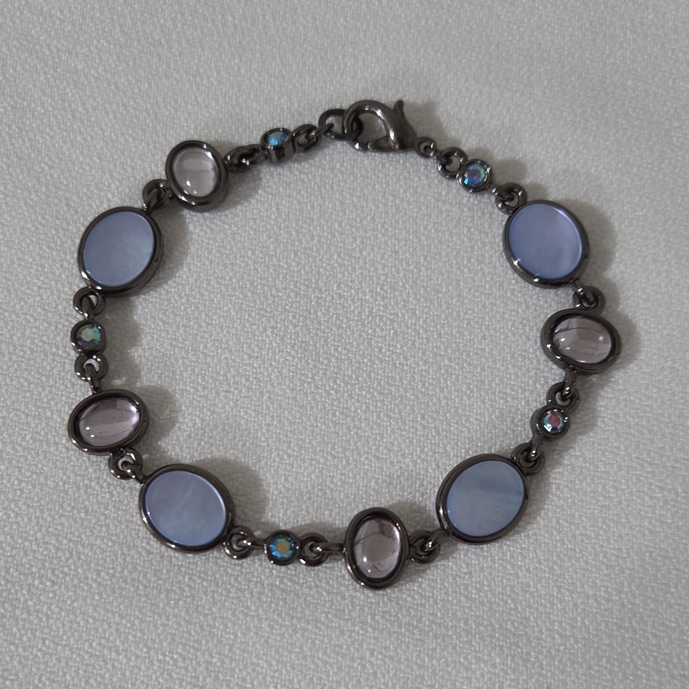 Gunmetal Tone Station Cable Link Bracelet 7in Blue & Purple Oval Stones Lobster gallery