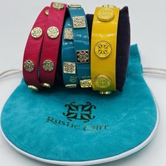 Rustic Cuff “The Carousel Stack” Leather Bracelet Lot 3 Pink Teal Mustard Gold