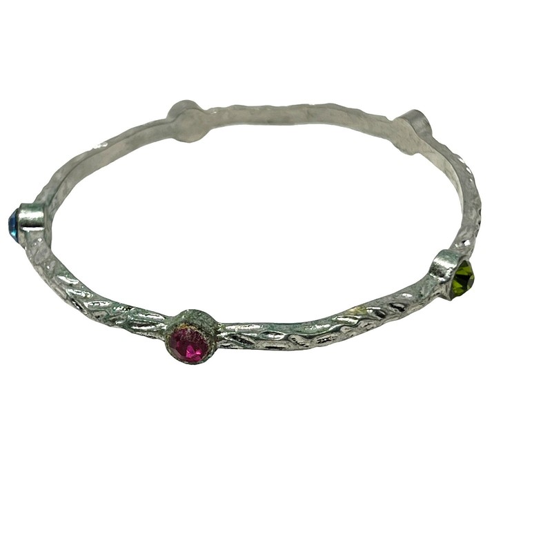 Bangle Silver Tone Multi Color Rhinestone Stations Hammered Texture Bracelet gallery