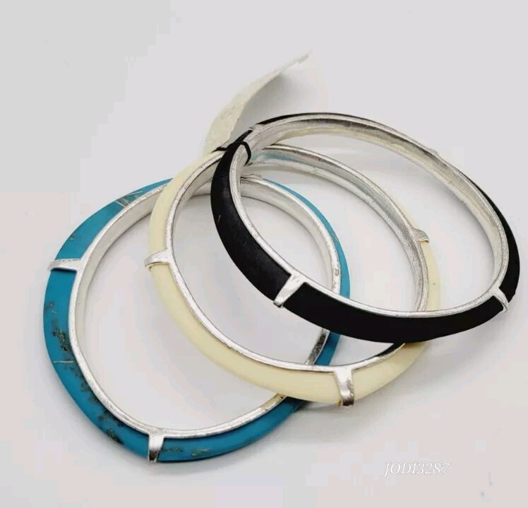 Fossil Brand Bangle Bracelet Lot 3pc Set Brown Cream Blue OSFM gallery