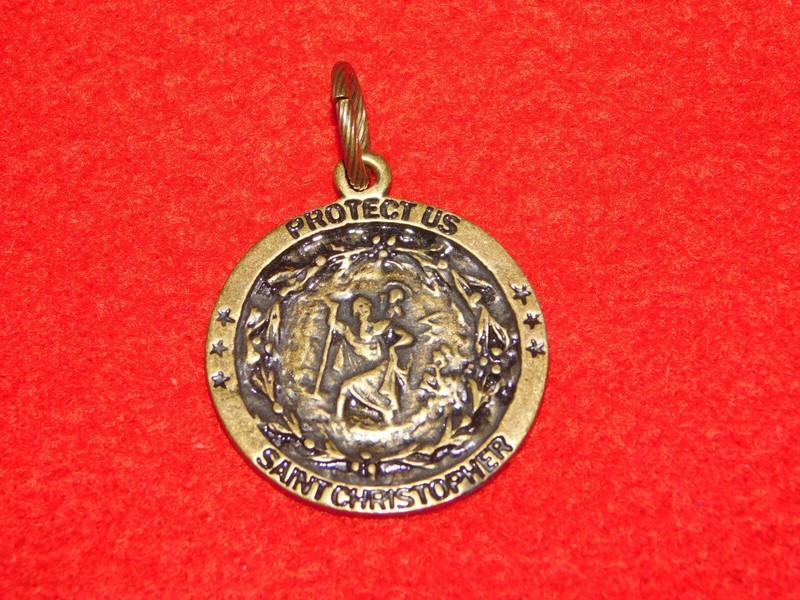 VINTAGE 1 1/8" ACROSS PROTECT US SAINT CHRISTOPHER MEDAL BRACELET CHARM gallery