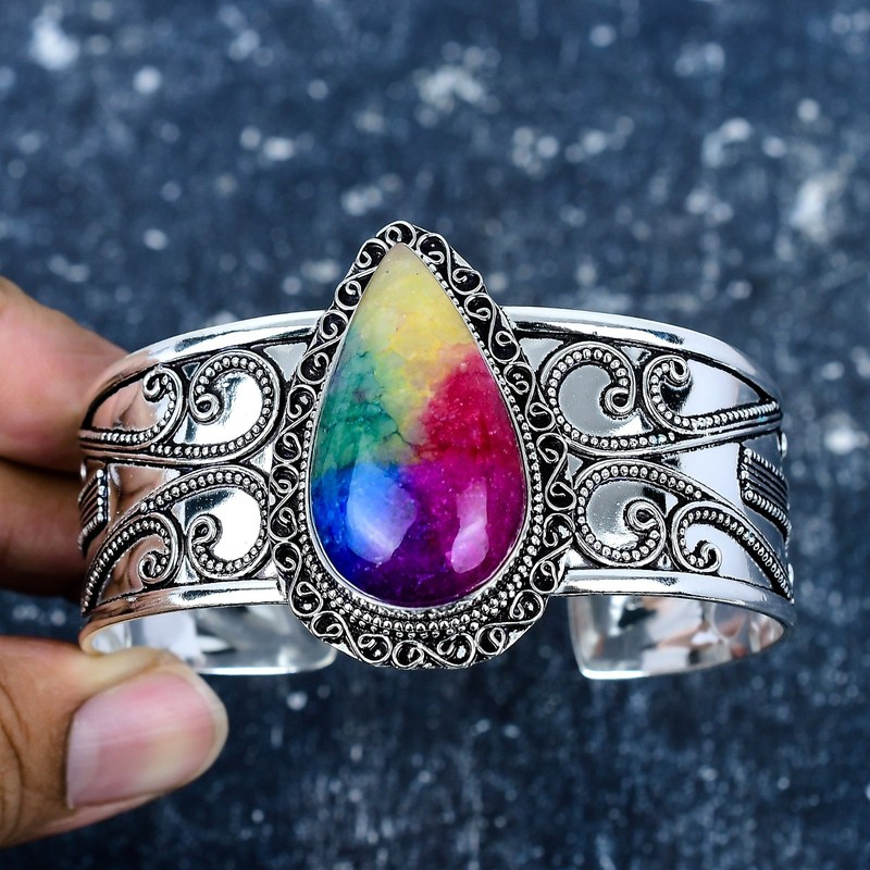 Rainbow Solar Quartz Gemstone Bangle 925 Sterling Silver Jewelry, Adjustable Cuf gallery