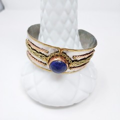 Mixed Metal Cuff Bracelet Blue Acrylic Stone 1″ Wide Artisan Boho
