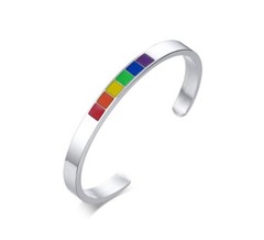 Gay Lesbian Rainbow Pride Silver Stainless Steel Cuff Bracelet