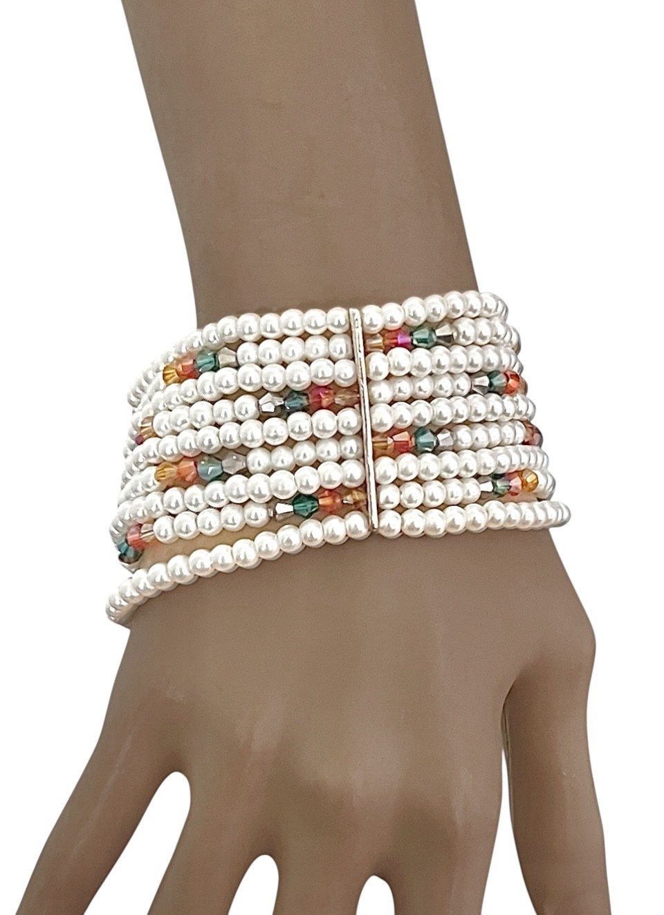 9 Rolls White Faux Pearls Colorful Crystals Casual Chic Stretchable Bracelet gallery