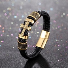 Mens Cross Leather Braided Bracelet Titanium Steel Fashion Jewelry Gift