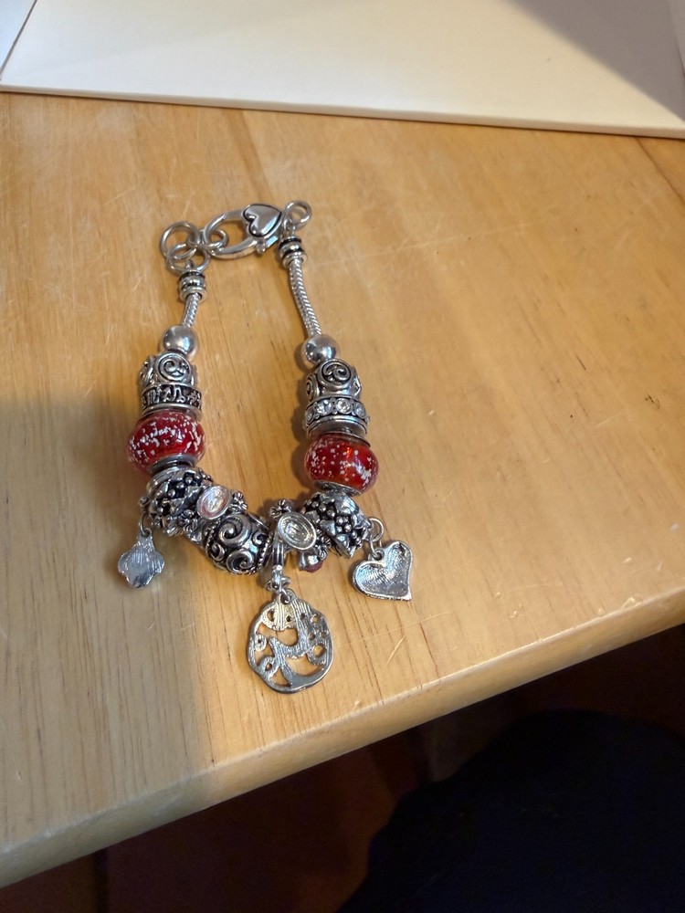 SILVER Tone Adjustable Charm Bracelet Heart Clover Flower Dangle Lobster Closure