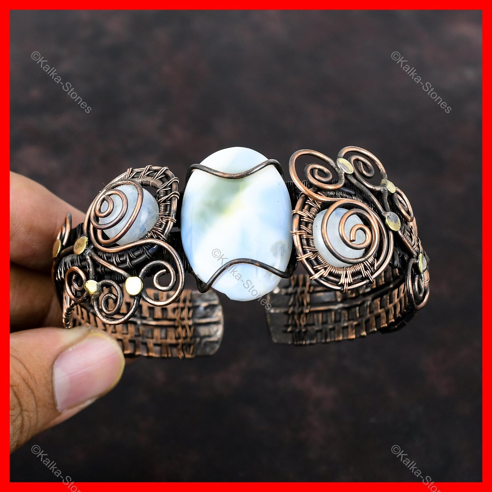 Copper Owyhee Blue Opal Stone Rainbow Moonstone Engagement New Wire Wrapped Cuff gallery