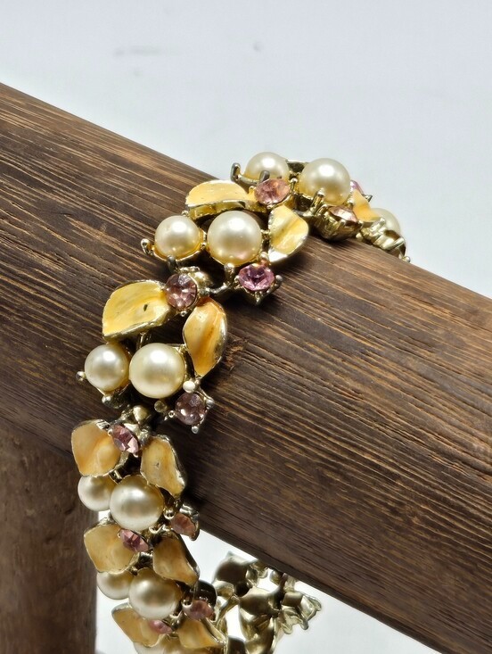 50's Signed BSK Pink Rhinestone Bracelet Faux Pearl Enamel Gold Tone MCM Jewelry