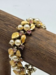 50’s Signed BSK Pink Rhinestone Bracelet Faux Pearl Enamel Gold Tone MCM Jewelry