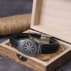 Viking Vegvisir Compass Bangle Odin Leather Norse Rune Bracelet Men Jewelry Gift