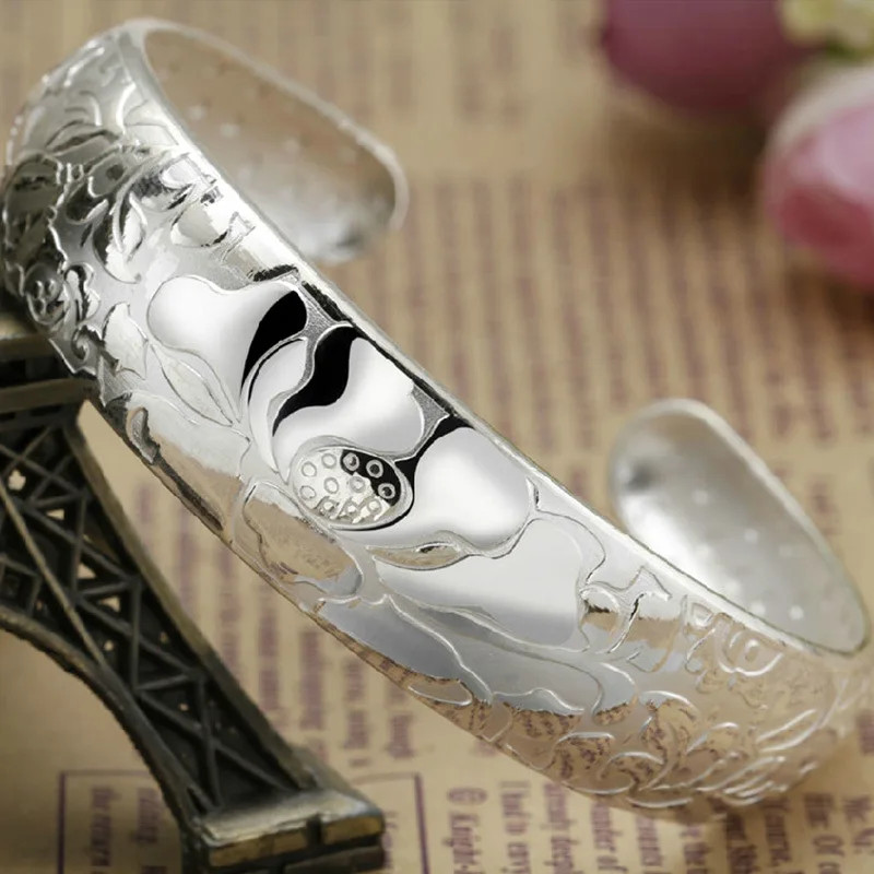 Women's 925 Sterling Silver Lotus Bracelets Open Bangles Luxury Wedding Jewelry gallery